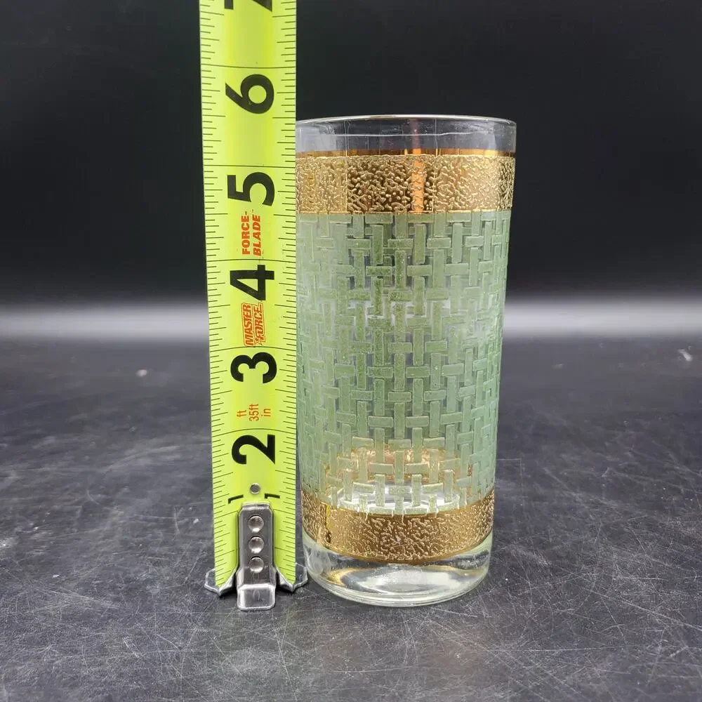 Set of 4 Vintage Gold Green Geometric Highball Tumblers Mid Century Glasses